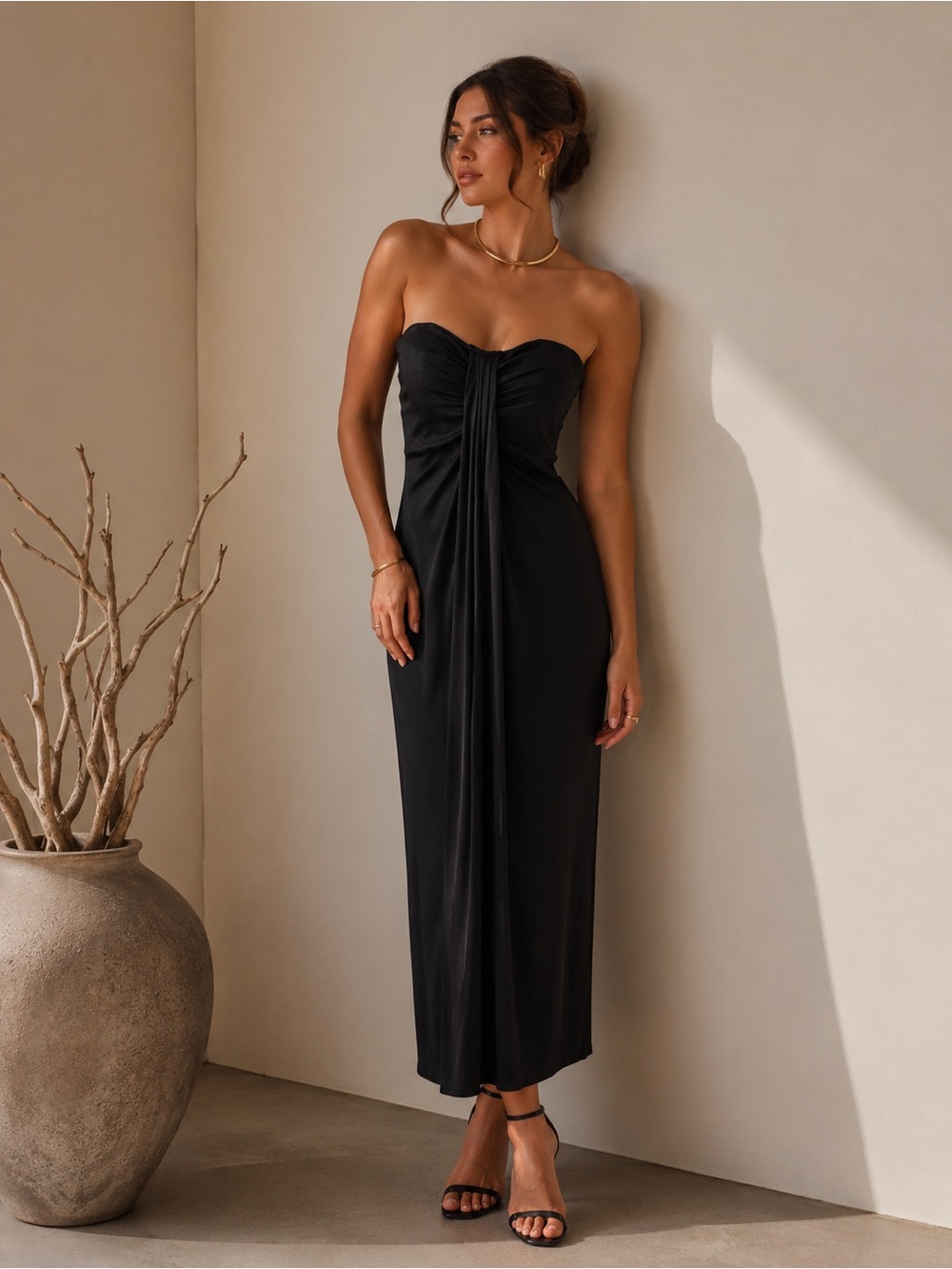 Michael Kors Black Strapless Silk Blend Ruched Midi Dress Size 8